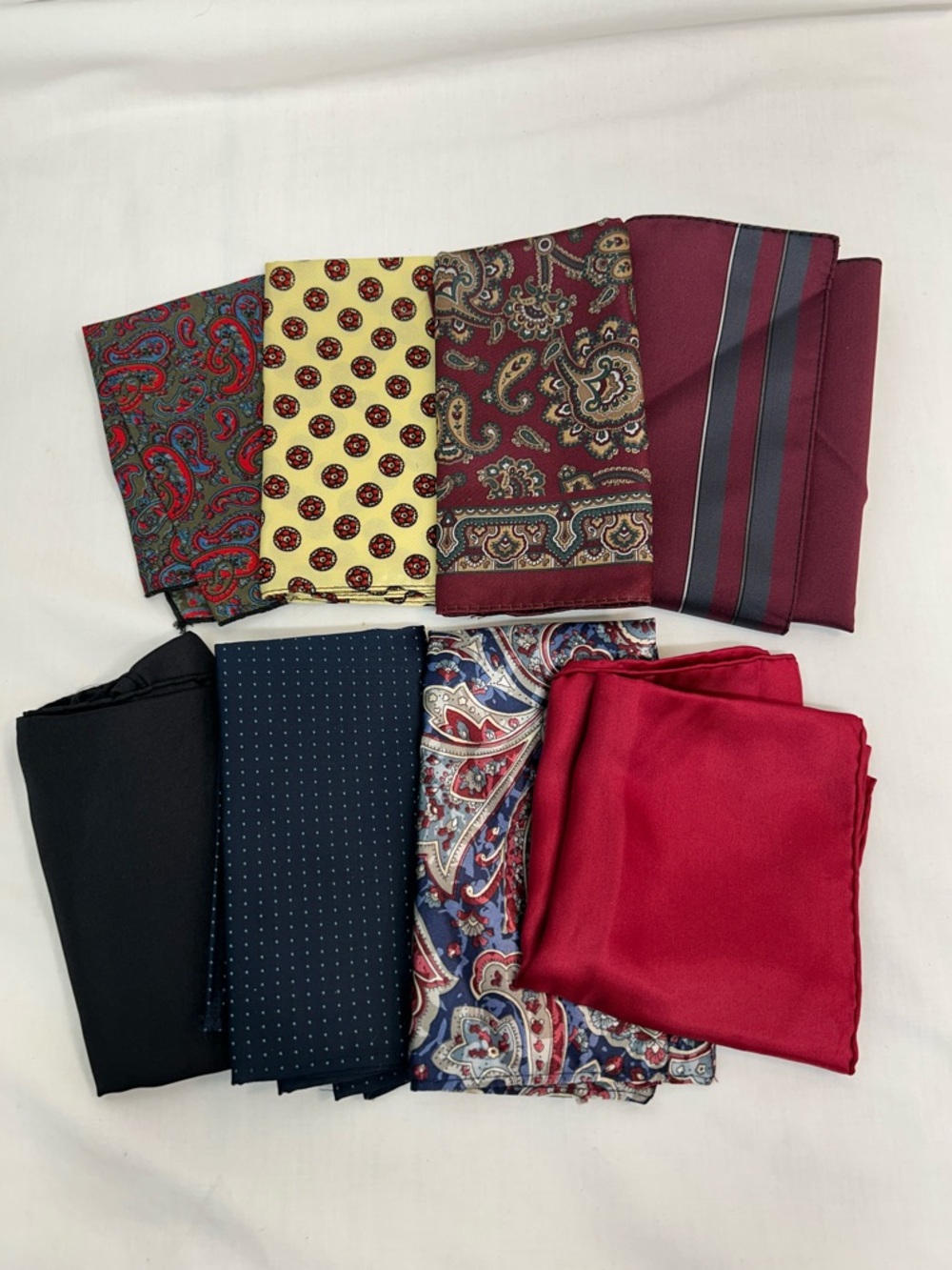 Men's Pocket Square Variety Set of 8 in Burgundy, Navy, Black, Gray, Red